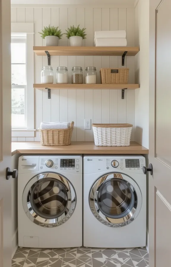 3/4 view medium shot laundry room wall. The