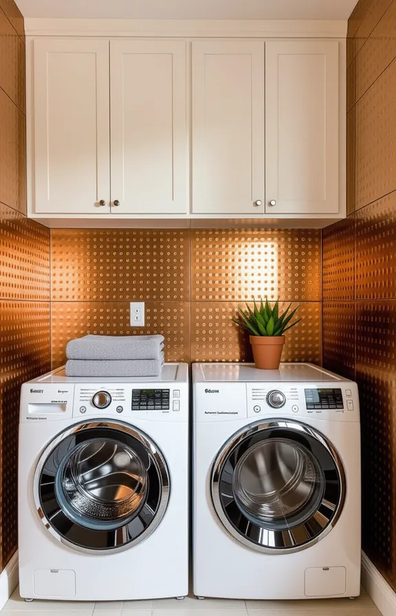cinematic medium shot laundry nook. The wall features