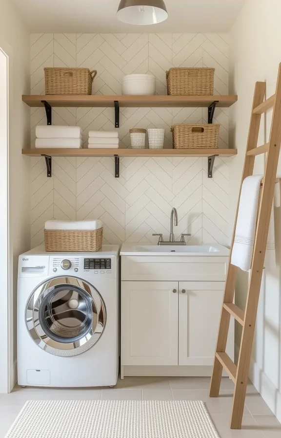 medium-wide shot compact laundry room. The entire backsplash