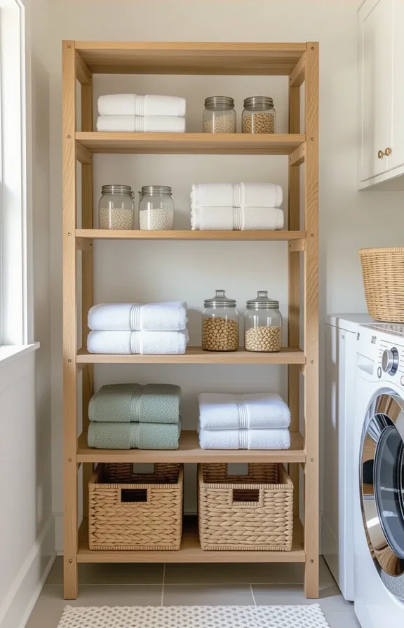 medium shot freestanding open shelving unit made light