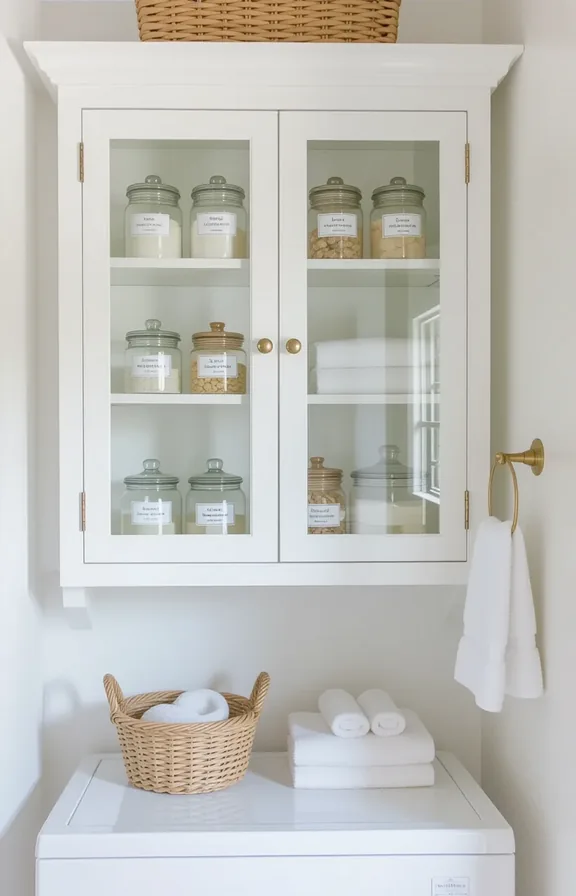 medium shot small glass-front cabinet mounted high white