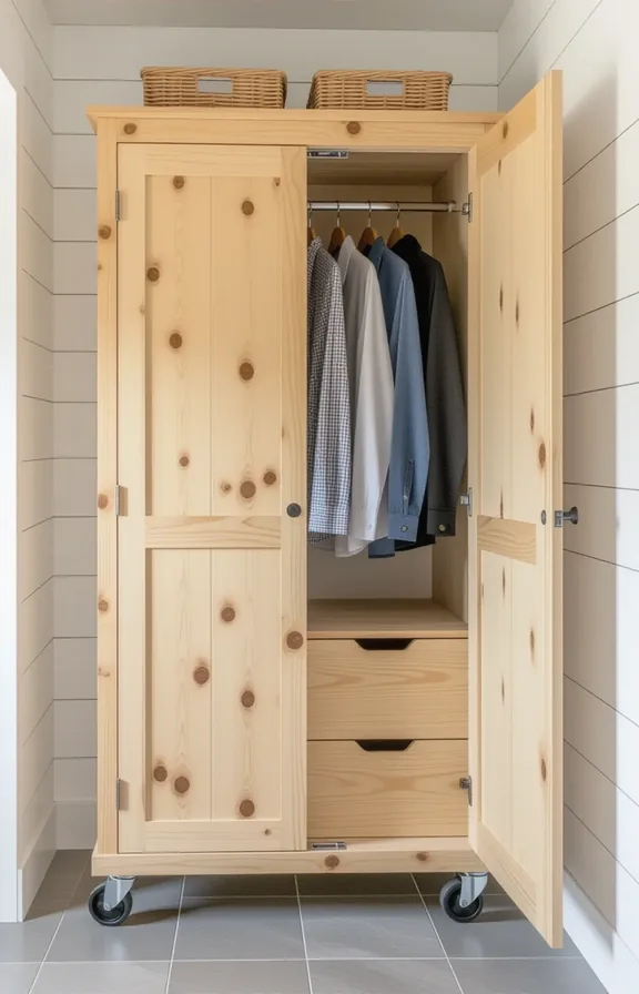 medium shot simple unfinished pine wardrobe casters. placed
