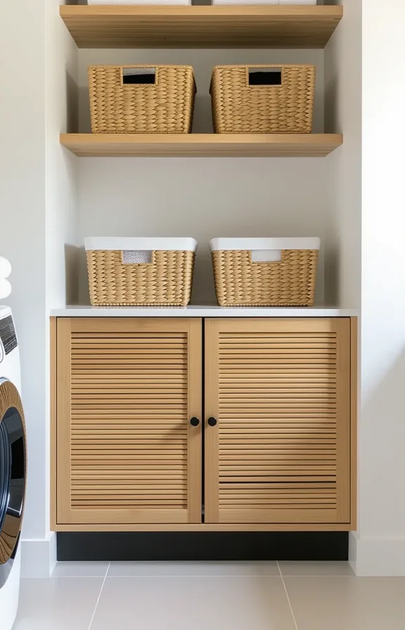 medium shot low sleek cabinet with bamboo sliding