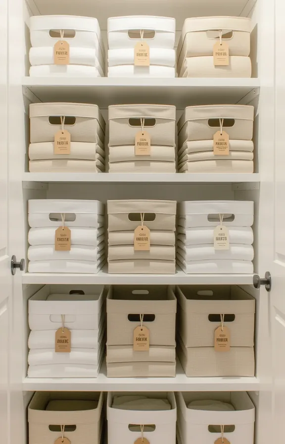 medium shot wall stacked fabric-covered boxes open shelving.