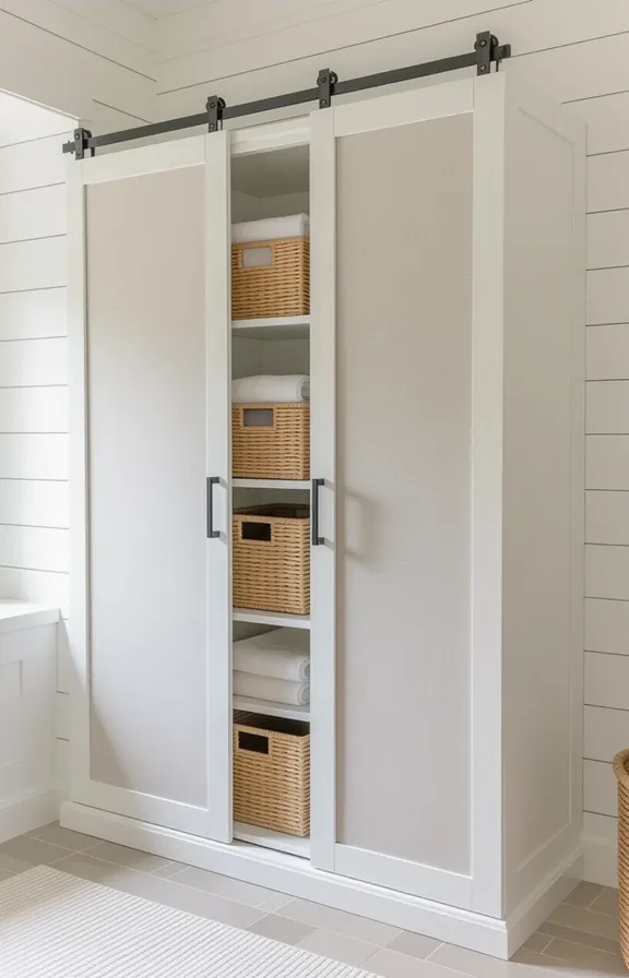 medium shot freestanding organizer with sliding fabric doors.