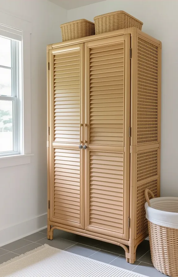 medium shot tall rattan armoire with louvered doors.