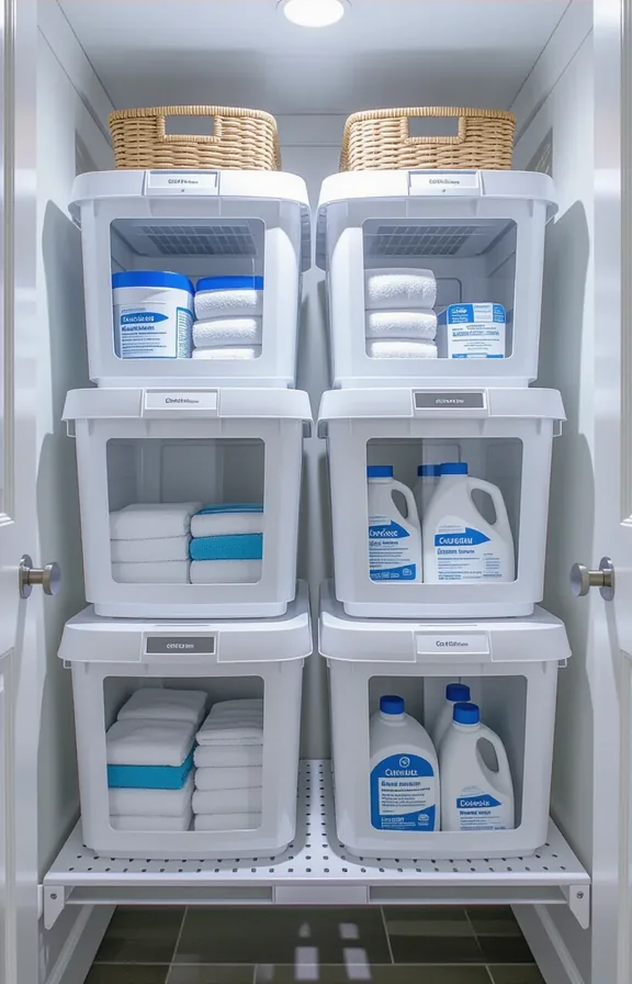 medium shot three stackable white plastic cabinets with