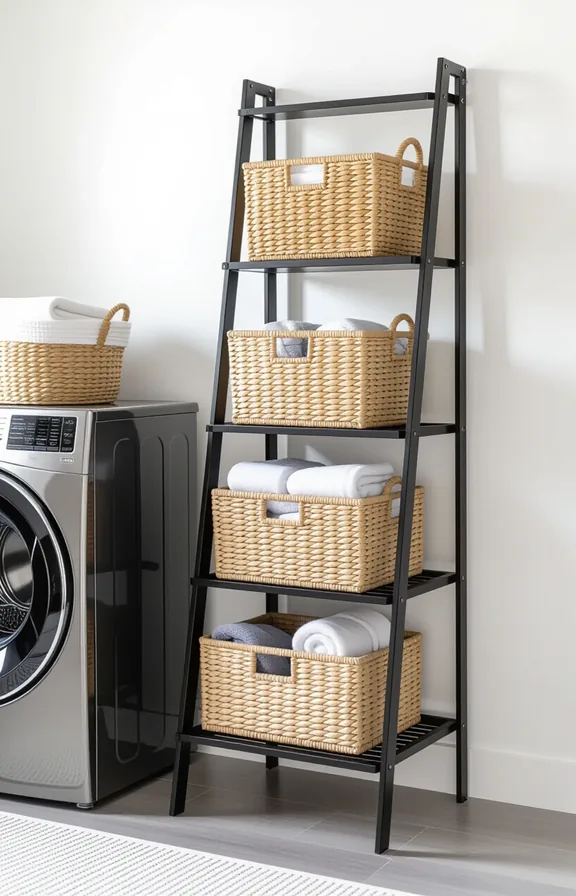 medium shot black metal ladder shelf leaning against