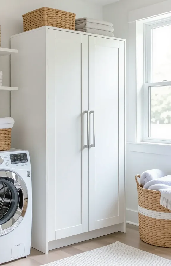 medium shot tall two-door white melamine cabinet. freestanding