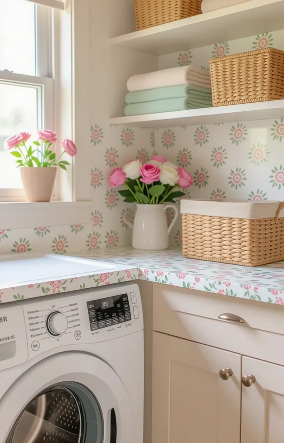 3/4 view retro-inspired laminate countertop with small floral