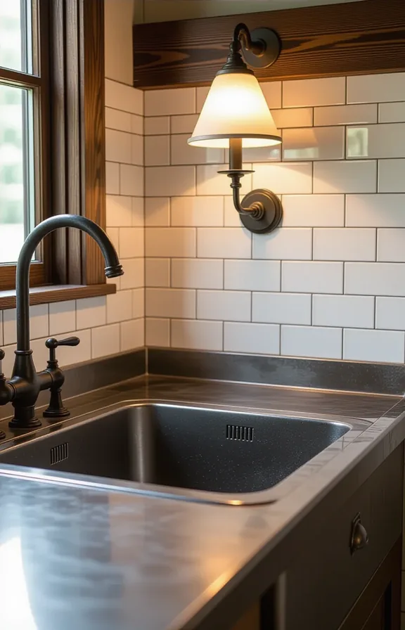 patinated zinc metal countertop with rolled edges over