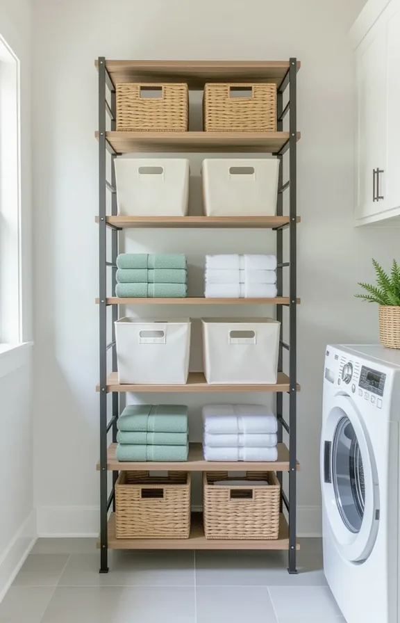 Medium tall freestanding metal and wood shelving unit