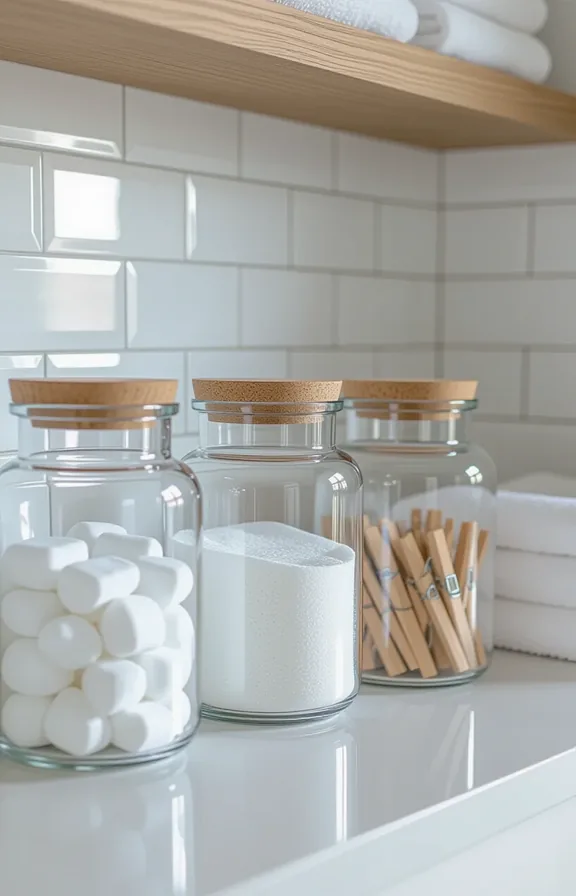 medium shot white laundry room countertop with three