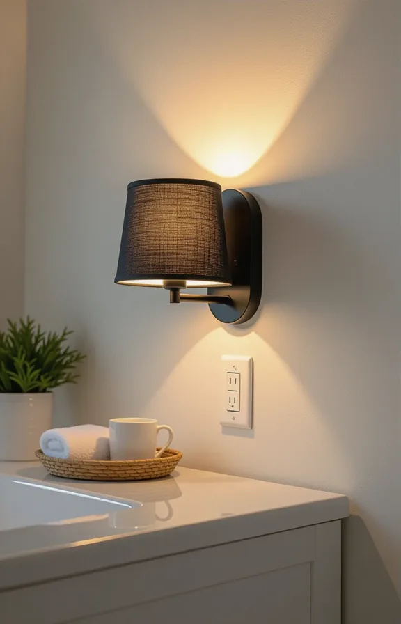 Medium shot black plug-in wall sconce with fabric