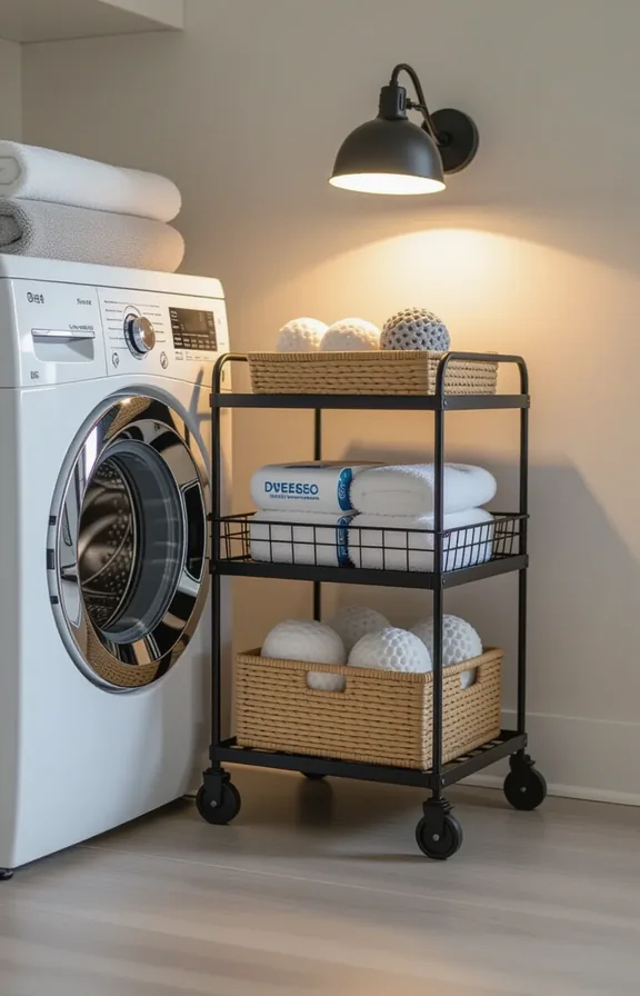 slim three-tiered metal rolling cart tucked between white