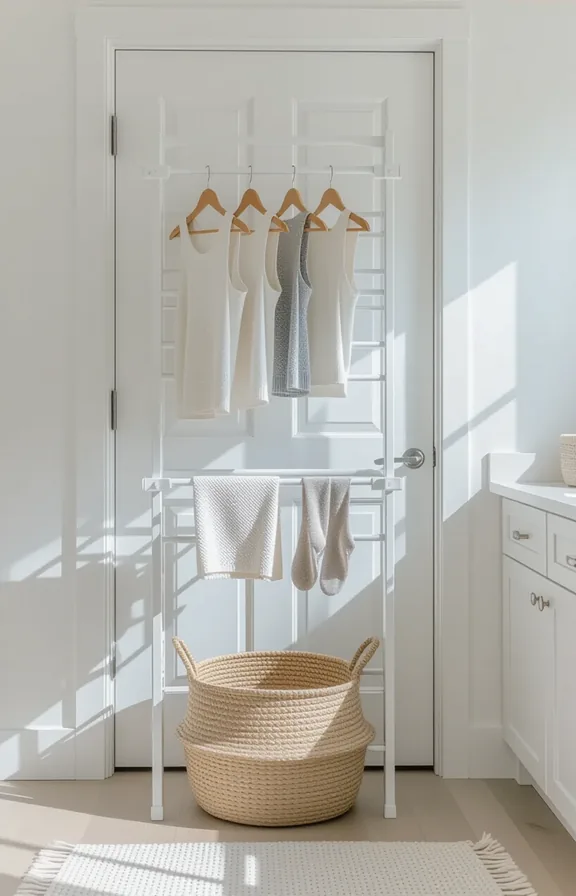 Medium 3/4 view white over-door drying rack installed