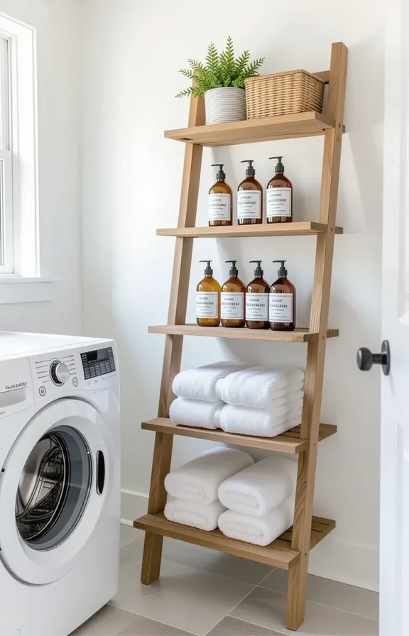 Medium wooden leaning ladder shelf the corner small