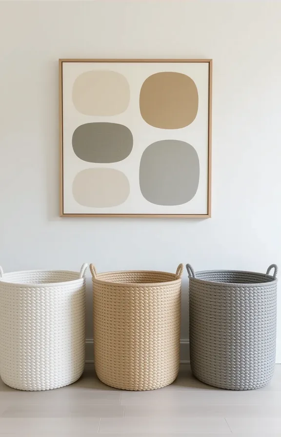 Wide shot three identical medium-sized woven laundry baskets