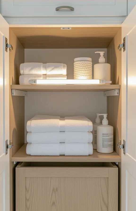 Medium shot the interior open white laundry cabinet