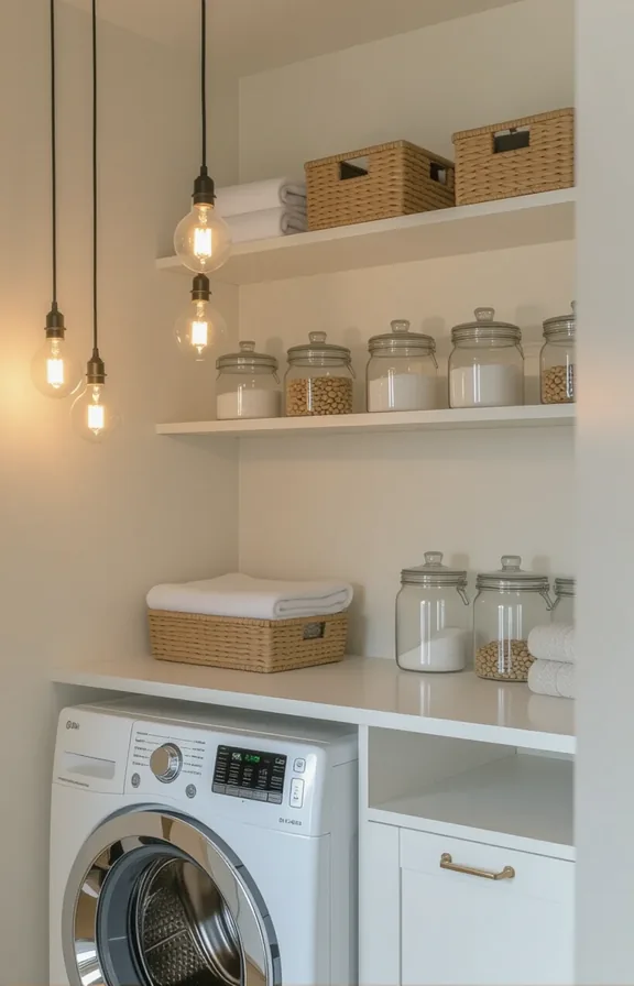 Wide shot compact laundry room with plain walls