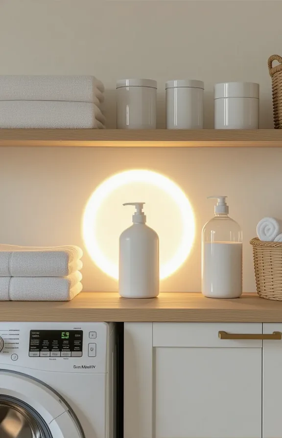 Medium shot wooden shelf holding laundry supplies above
