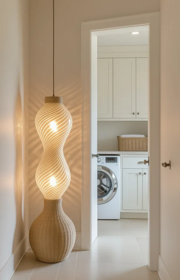 Three-quarter view doorway leading into laundry area warm
