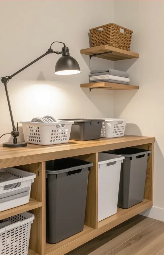 Medium shot dedicated laundry sorting counter with bins