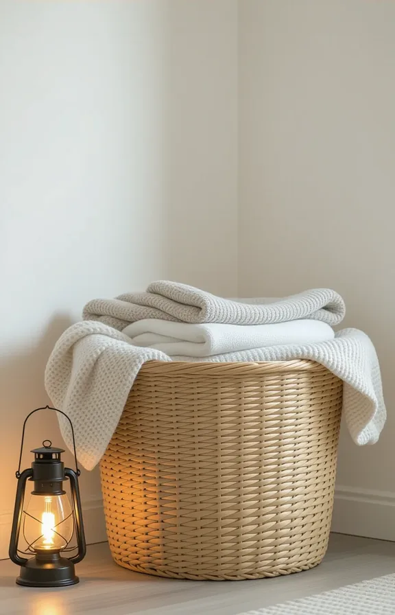 large woven laundry hamper corner warm white walls