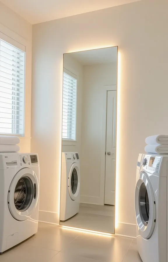 Wide shot blank wall windowless laundry room warm