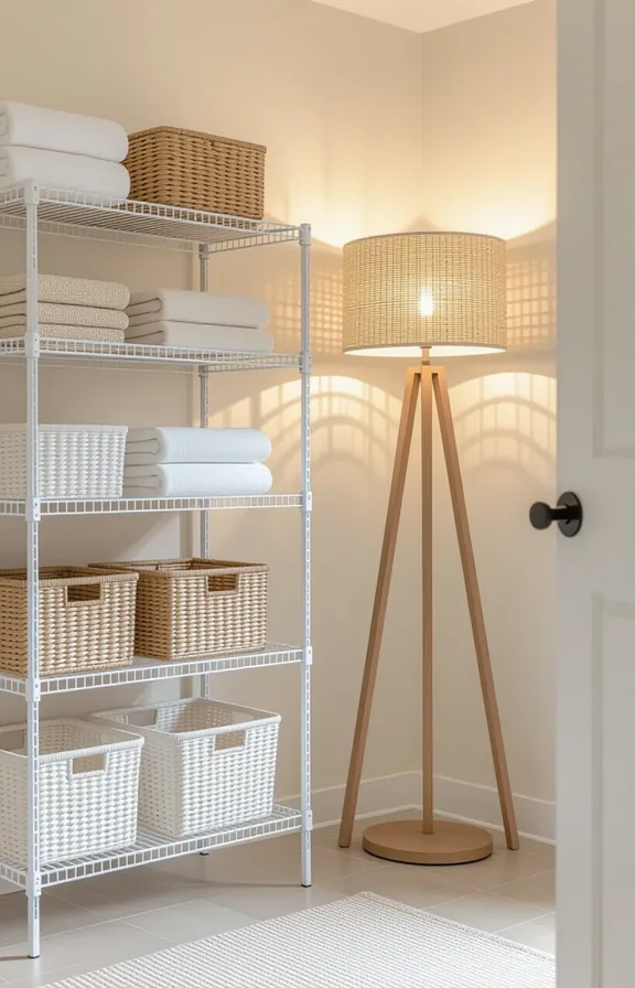 Medium shot utilitarian white wire shelving unit laundry