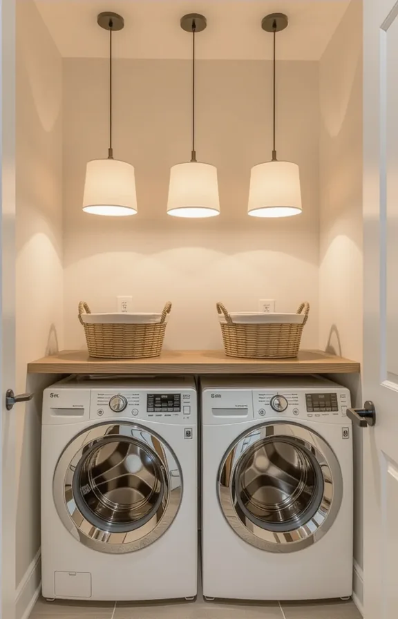 Wide shot small plain laundry room with basic
