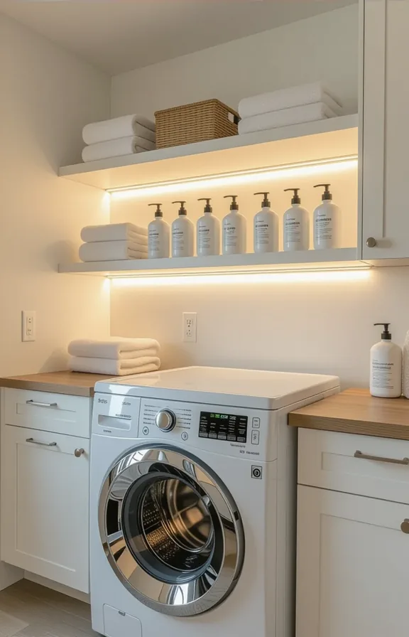 Medium shot white utility shelf above front-loading dryer