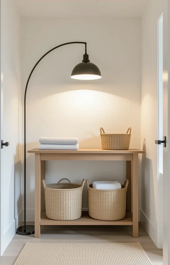 Wide shot central folding area small laundry room