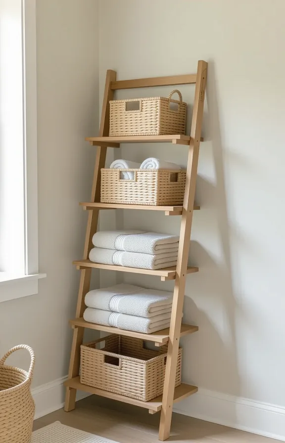 Medium shot freestanding wooden leaning ladder shelf narrow
