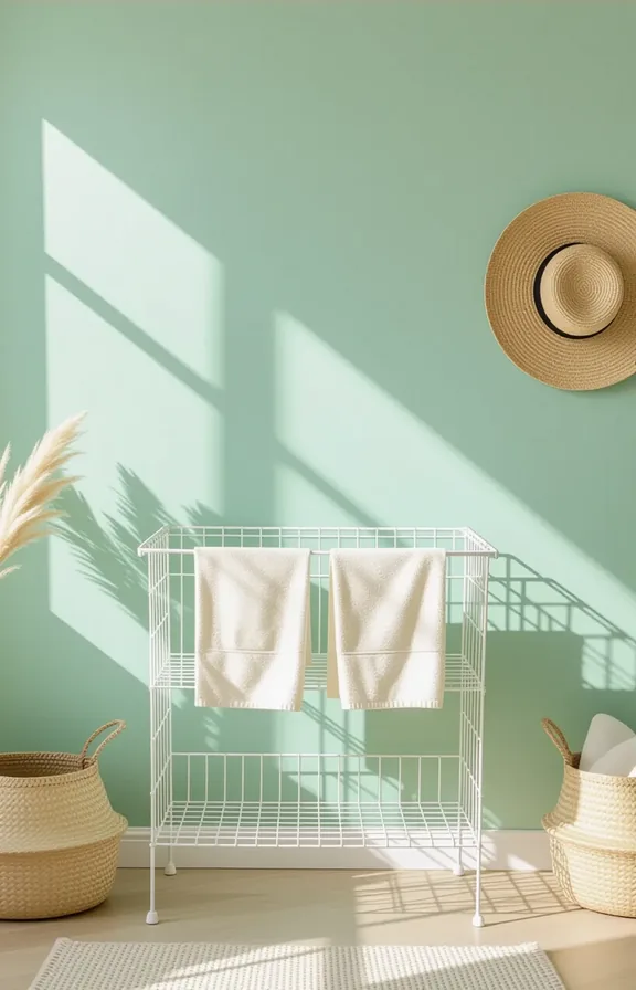 single accent wall painted soft mint green behind