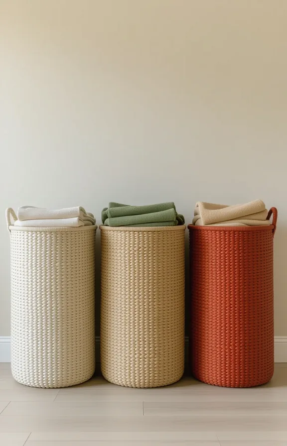 3/4 view three large woven laundry sorters different