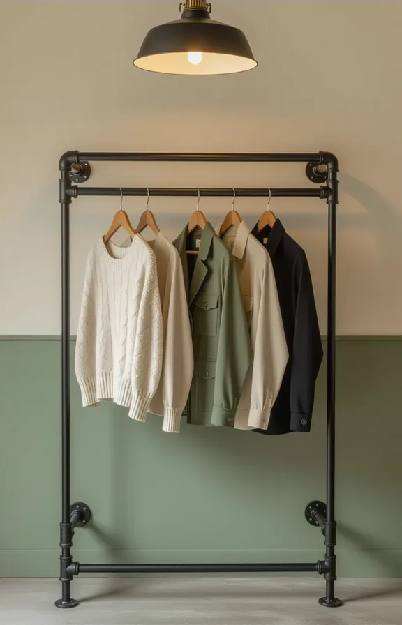Medium shot freestanding clothing rail made black iron