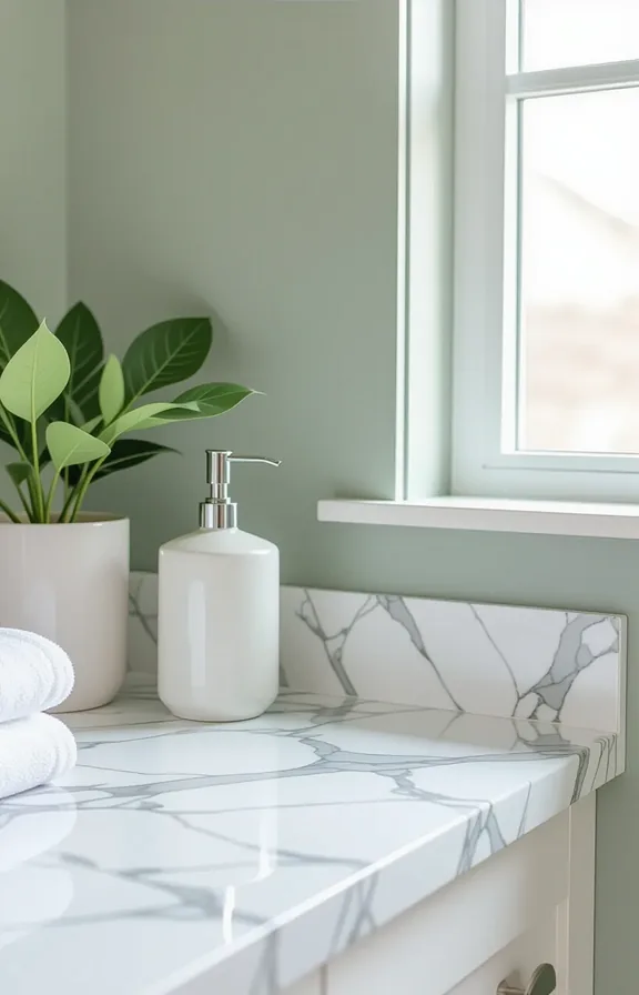 3/4 view laundry countertop covered marble-pattern contact paper