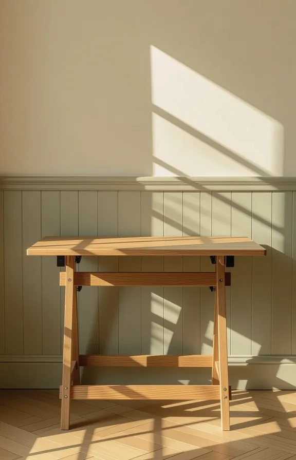 wooden fold-down table mounted with heavy-duty brackets against