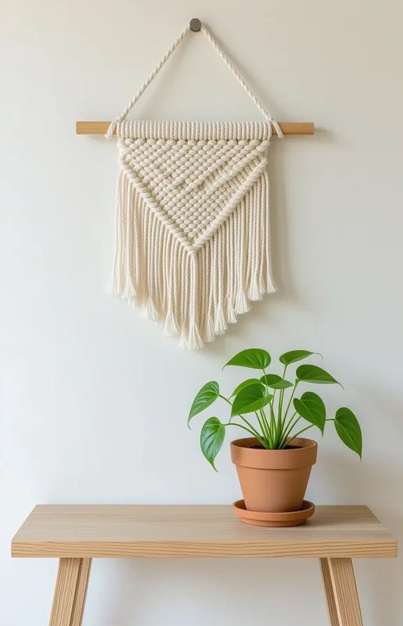 Medium shot macrame wall hanging with wooden shelf