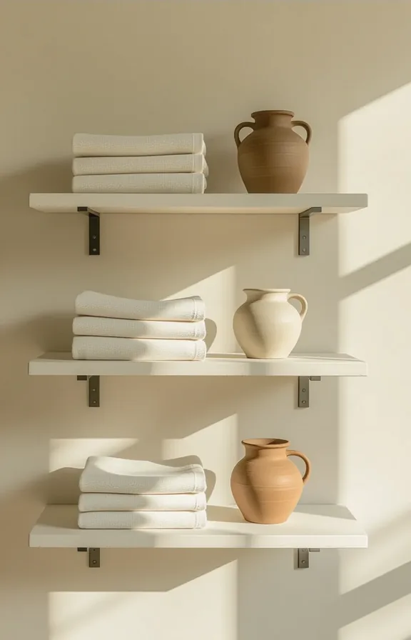 three whitewashed wood shelves floating simple metal brackets