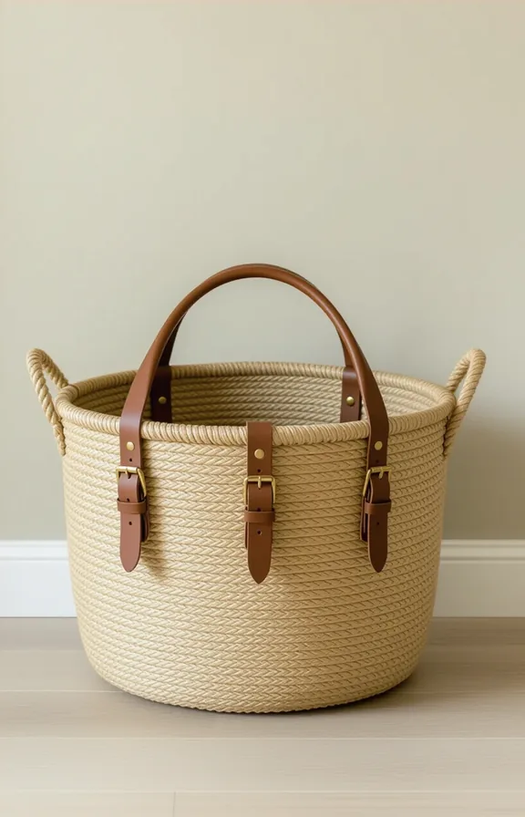 3/4 view large round jute hamper with leather