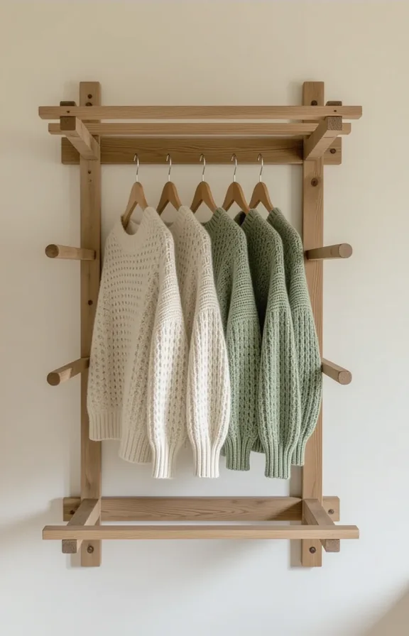 Medium shot rustic wood drying rack with multiple