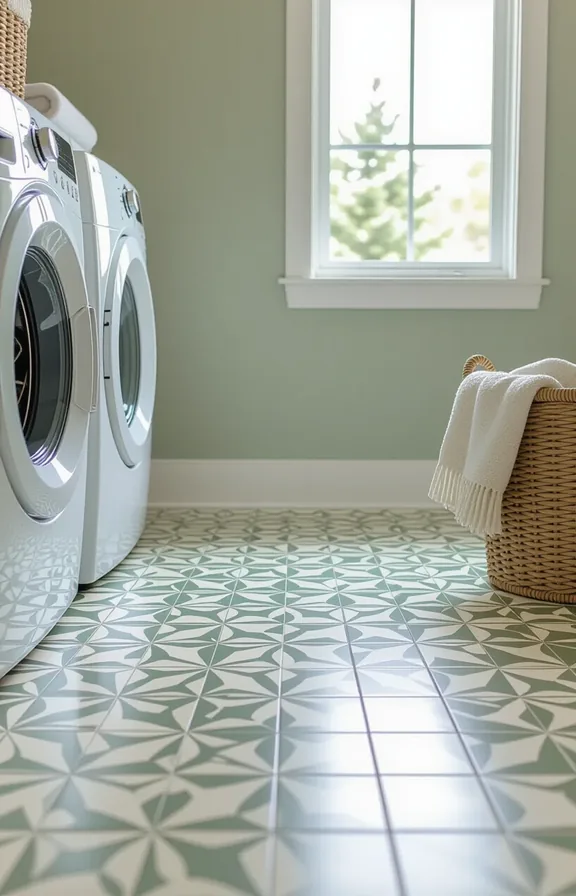 laundry floor covered patterned vinyl peel-and-stick tile geometric