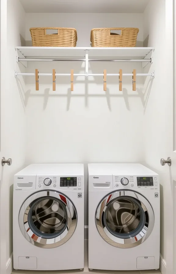 Medium shot eye-level retractable clothesline mounted with Command