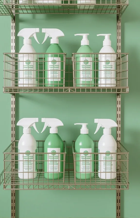 Close medium shot eye-level wire mesh under-shelf baskets