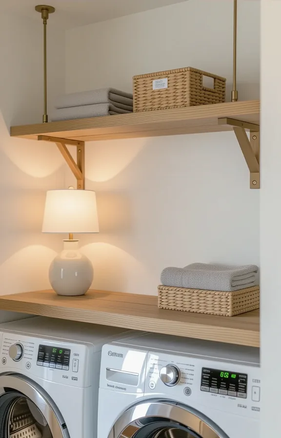 3/4 view eye-level narrow wooden shelf suspended two