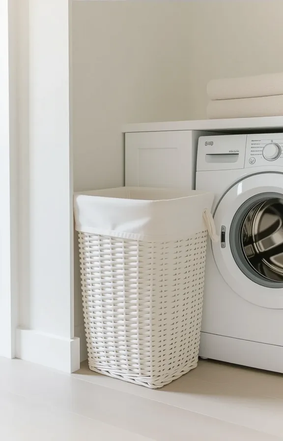 3/4 view eye-level white canvas hamper with pull-out