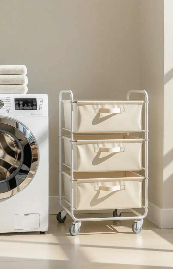 3/4 view eye-level slim white metal rolling laundry