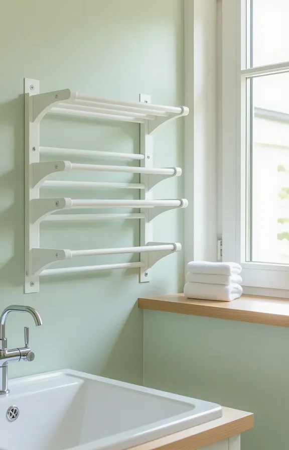 Medium shot eye-level white wooden wall-mounted drying rack